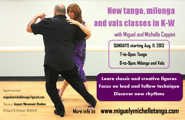 New tango, milonga and vals classes in K-W start Aug. 11 -- Register now!